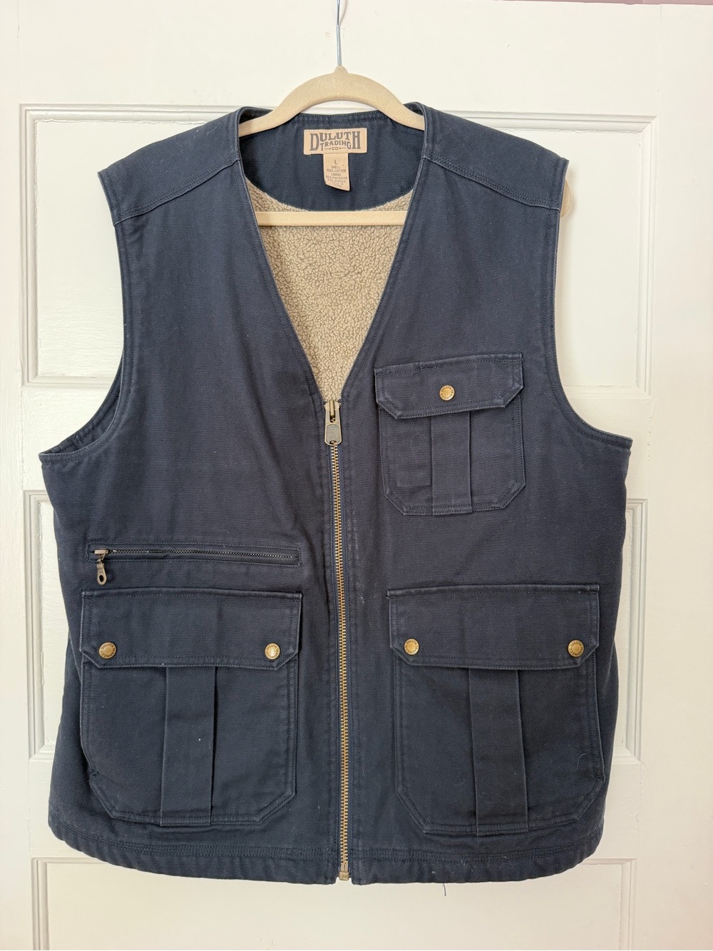 Duluth Trading Co Men’s L Navy Canvas Fleece Lined Utility Work Vest Multi Pocke